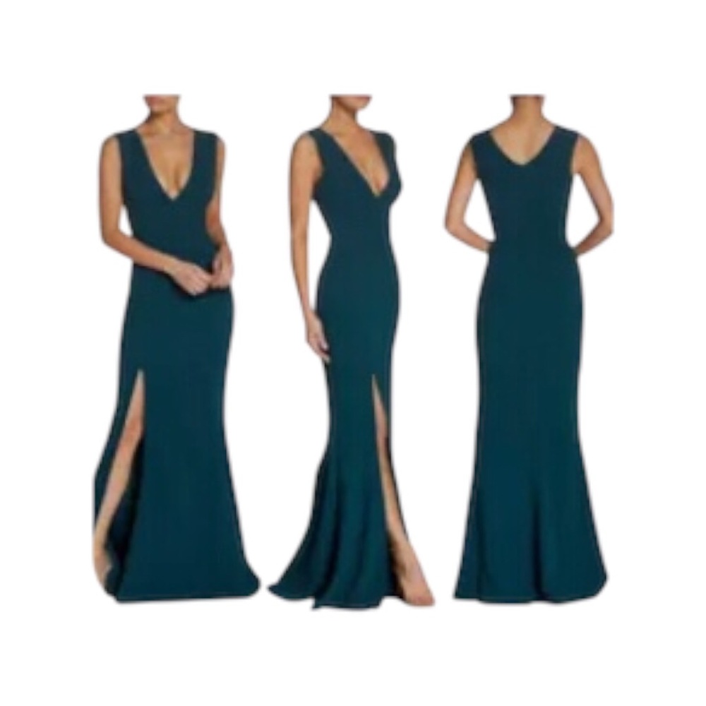 Dress The Population.  Sandra Green Sage Mermaid V-Neck V-Back Sleeveless Gown L